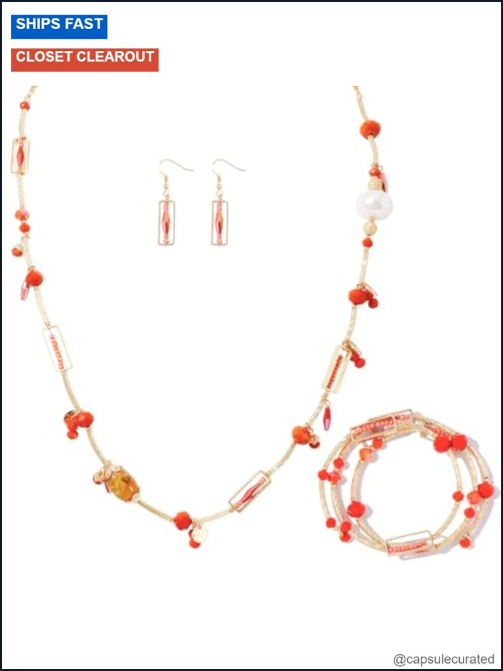 Trendy 3-Piece Long Beaded Statement Jewelry Set with Earrings and Bracelet
